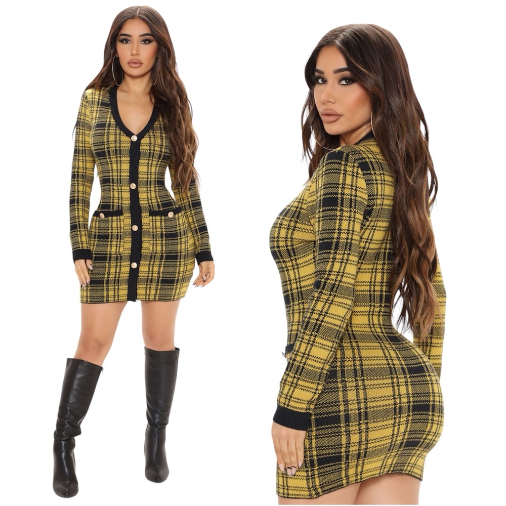 Yellow & Black Fashion Nova Plaid Dress | NWOT Womens Bodycon Dress
